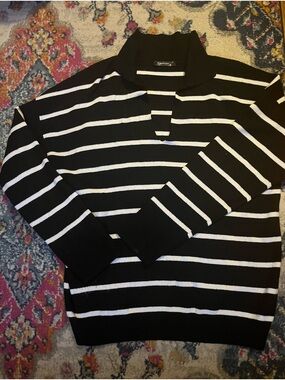 Women’s Black and White Striped Polo Sweater